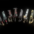 Various Designed Weapons With Different Colors Arranged On Black Background