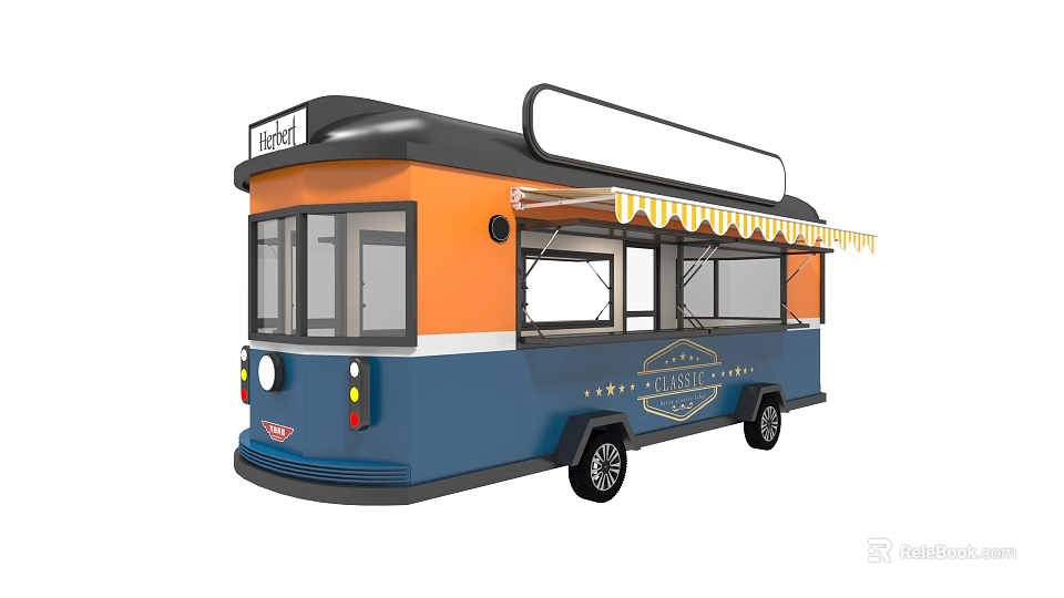 Vintage Blue And Orange Bus Converted Into Fresh The Classic Deli Food Truck With Awning 3d model 