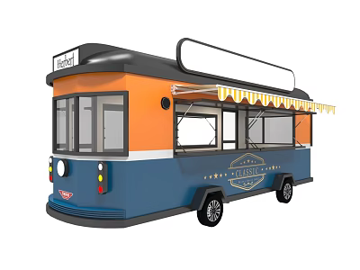 Vintage Blue And Orange Bus Converted Into Fresh The Classic Deli Food Truck With Awning 3d model