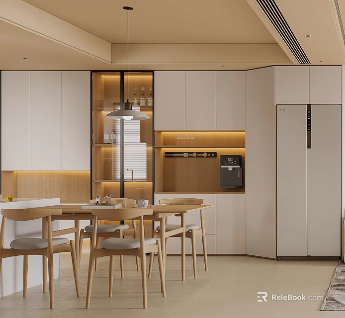 Modern Kitchen Interior With Open Design White Cabinets Hanging Lights Island Dining Table Chairs 3d model 