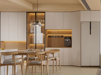 Modern Kitchen Interior With Open Design White Cabinets Hanging Lights Island Dining Table Chairs 3d model