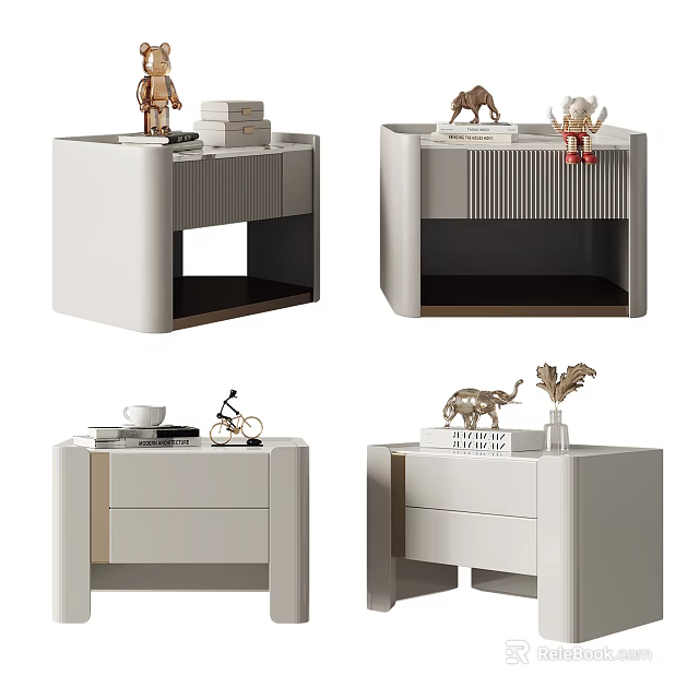Modern Minimalist Light Colored Bedside Tables With Drawers Open Shelves And Decorative Ornaments 3d model 