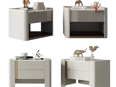Modern Minimalist Light Colored Bedside Tables With Drawers Open Shelves And Decorative Ornaments 3d model