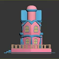 Cartoon Style Pink And Blue House Model With Towers Windows Wooden Door And Steps