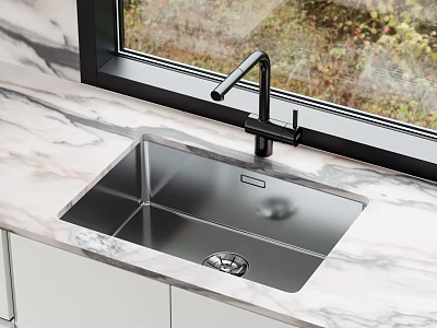 Modern Stainless Steel Kitchen Sink With Marble Countertop And Faucet Design 3d model