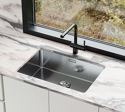 Modern Stainless Steel Kitchen Sink With Marble Countertop And Faucet Design 3d model