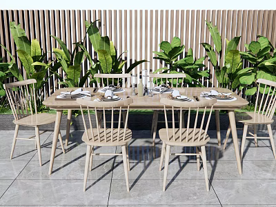 Outdoor Dining Table Set With Light Wood Chairs And Green Plants On Paved Floor 3d model