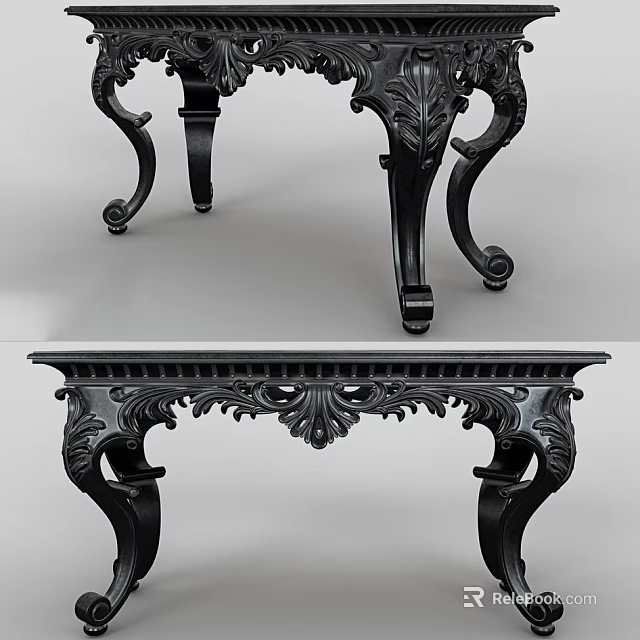 Traditional European Style Black Console Table With Ornate Carvings Curved Legs And Decorative Details 3d model 