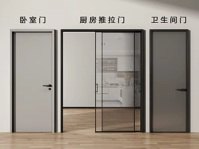 Modern Kitchen Sliding Door With Glass Panel And Black Frame In Contemporary Interior 3d model