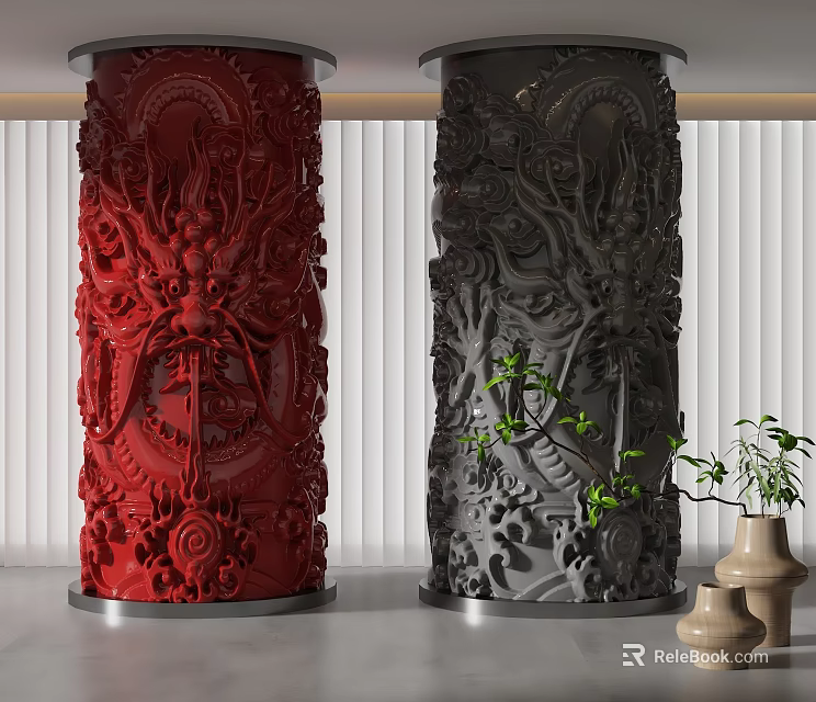 Red and Gray Ornate Columns Featuring Dragon Carvings and Green Plants in White Blinds Setting 3d model 