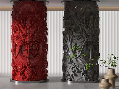 Red and Gray Ornate Columns Featuring Dragon Carvings and Green Plants in White Blinds Setting 3d model