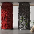 Red and Gray Ornate Columns Featuring Dragon Carvings and Green Plants in White Blinds Setting