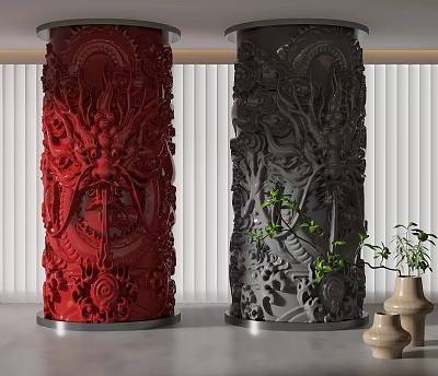 Red and Gray Ornate Columns Featuring Dragon Carvings and Green Plants in White Blinds Setting 3d model