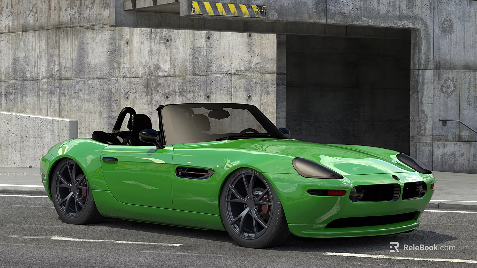 Green Convertible Sports Car Parked Near Concrete Wall And Underground Entrance 3d model 