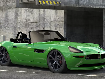 Green Convertible Sports Car Parked Near Concrete Wall And Underground Entrance 3d model