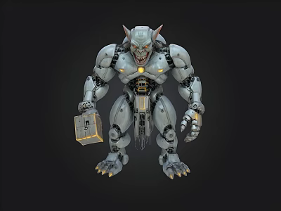 Mechanical Beast With Muscular Build And Mechanical Parts Holding A Box In Sci Fi Design 3d model