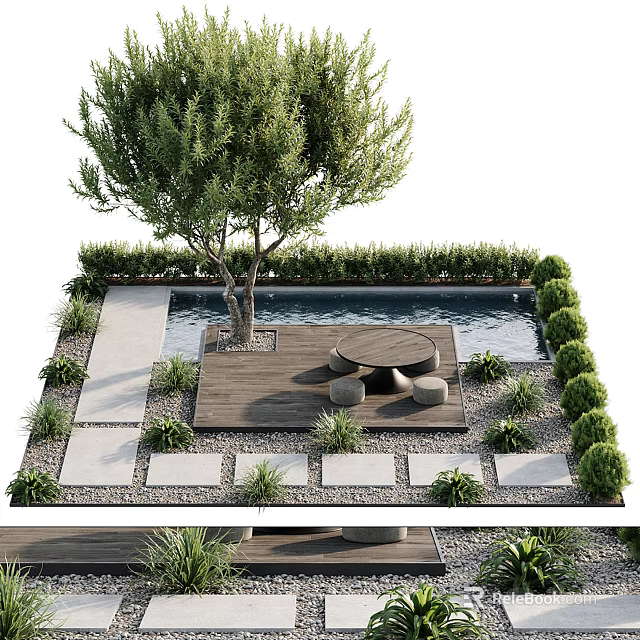 Serene Garden Design with Large Tree Pool Wooden Deck Round Table and Green Plants 3d model 