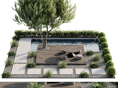 Serene Garden Design with Large Tree Pool Wooden Deck Round Table and Green Plants 3d model