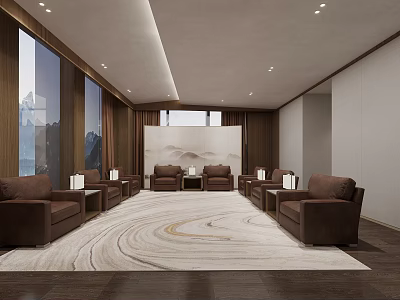 Modern Lounge Interior with Large Windows Brown Sofas Area Rug and Mountain Painting Wall 3d model