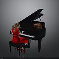 Black Grand Piano With Open Lid And Girl In Red Dress Playing