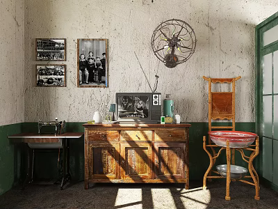 Vintage Interior Room With Textured Walls Old Fashioned TV Picture Frames And Wooden Cabinet 3d model