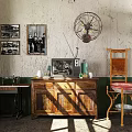 Vintage Interior Room With Textured Walls Old Fashioned TV Picture Frames And Wooden Cabinet