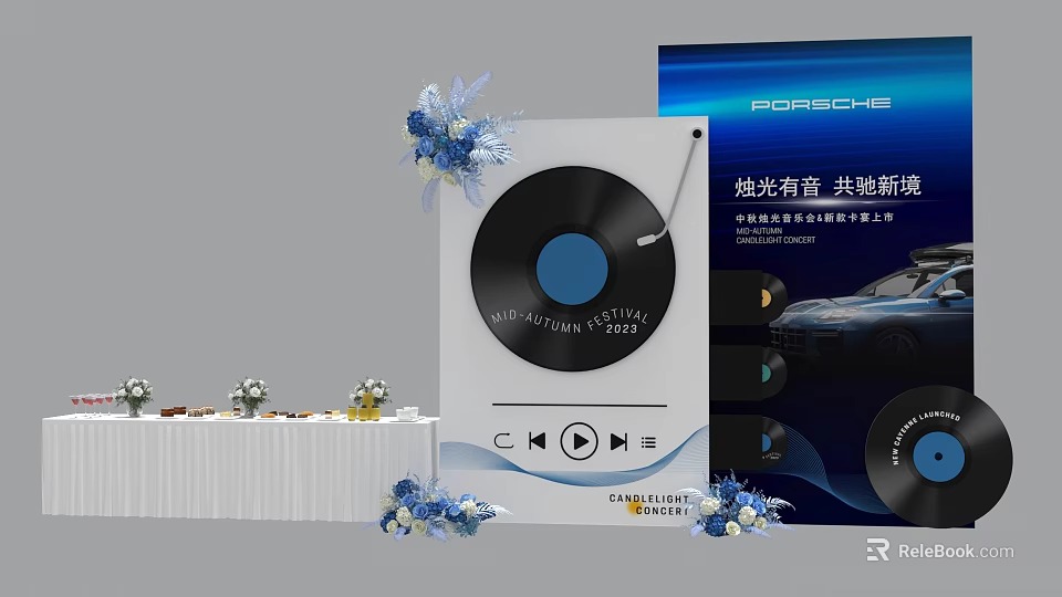 Floral Art Installation With Black Vinyl Record Shape Blue Flowers Porsche Promotional Backdrop Exhibition Booth 3d model 