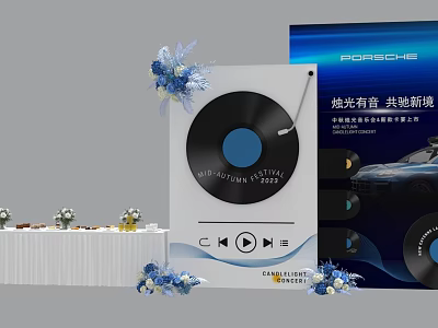 Floral Art Installation With Black Vinyl Record Shape Blue Flowers Porsche Promotional Backdrop Exhibition Booth 3d model