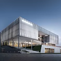 Modern Commercial Office Building With Glass Curtain Wall Metal Panels And Staircase Plaza