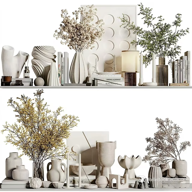 Modern Decorative Ornament Set With Vases Dried Flowers Books Sculptural Pieces And Geometric Decor 3d model 
