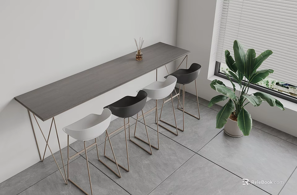 Modern Bar Counter With Gray Top Metal Legs Black White Chairs Near Window Potted Plant 3d model 