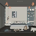 Modern Minimalist Kids Room Interior Design With Bed Pillows Bookshelves Wall Art Toys And Rug