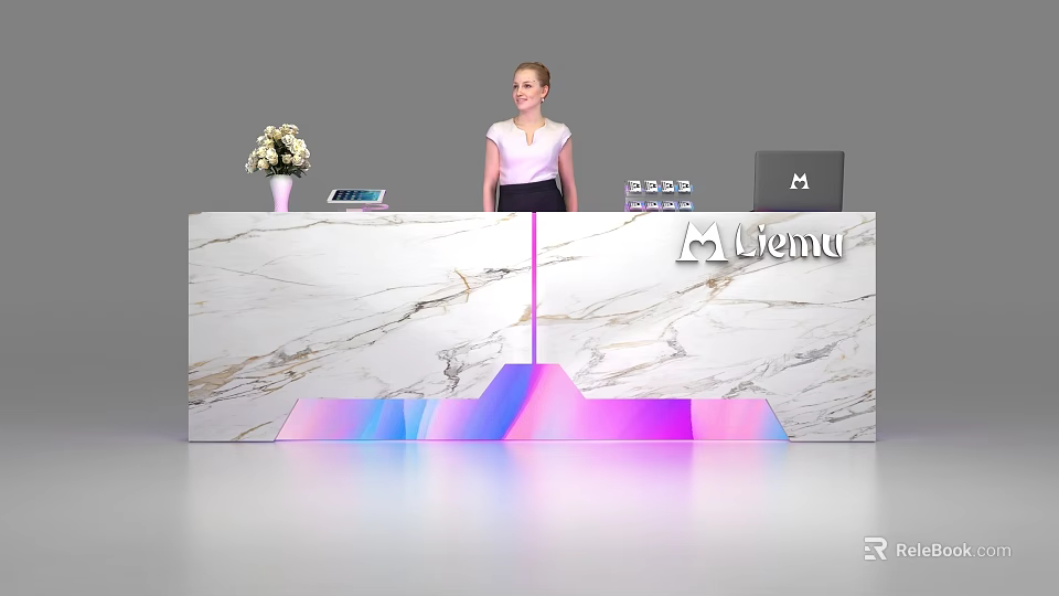 Modern Reception Desk With Marble Countertop Colorful Underlighting Flower Vase Laptop And Lvema Logo 3d model 