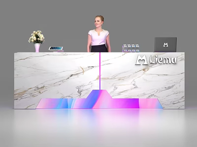 Modern Reception Desk With Marble Countertop Colorful Underlighting Flower Vase Laptop And Lvema Logo 3d model