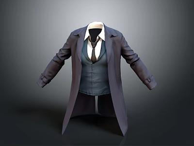 Long Dark Coat With White Shirt Vest And Black Tie Fashion Outfit 3d model