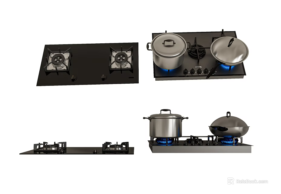 Black Gas Stove With Pots And Pans Featuring Blue Flames In Various Designs 3d model 