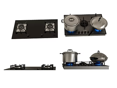 Black Gas Stove With Pots And Pans Featuring Blue Flames In Various Designs 3d model