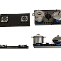Black Gas Stove With Pots And Pans Featuring Blue Flames In Various Designs