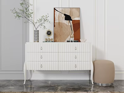 Modern White Dresser with Drawers Artwork Lamp Plant and Stool on Marble Floor 3d model