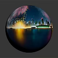 Colorful Cartoon Night Scene With City Skyline Bright Fireworks And Shimmering Water Reflection Lights