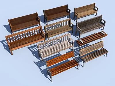 Multiple Wooden Benches Displaying Slatted And Solid Back Designs With Wooden Frames 3d model