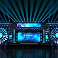 Contemporary Stage Design With Blue Lighting Effects LED Screens And Circular Decorative Elements 3d model