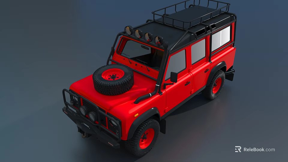 Red Off Road Vehicle with Roof Rack Roof Lights Front Spare Tire and Red Rims 3d model 