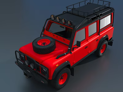 Red Off Road Vehicle with Roof Rack Roof Lights Front Spare Tire and Red Rims 3d model