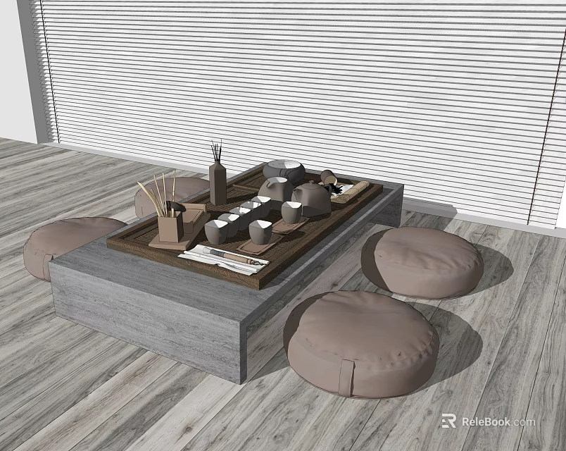 Minimalist Tea Table with Floor Cushions and Tea Set on Wooden Floor with Blinds 3d model 