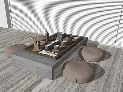 Minimalist Tea Table with Floor Cushions and Tea Set on Wooden Floor with Blinds 3d model