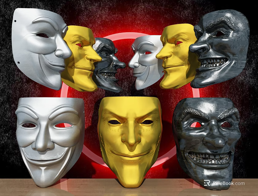 Different Colored Masks With Silver Gold Black Yellow Designs On Red Circular Background 3d model 