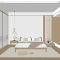 Modern Minimalist Bedroom Interior With Wooden Bed Nightstand Hanging Lamp Fan And Rug