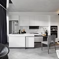 Modern Open Living and Dining Room Interior With Gray Sofa White Kitchen Island And Fireplace