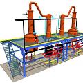 Industrial Equipment Setup With Large Orange Storage Tanks Blue Support Structures And Connected Pipes